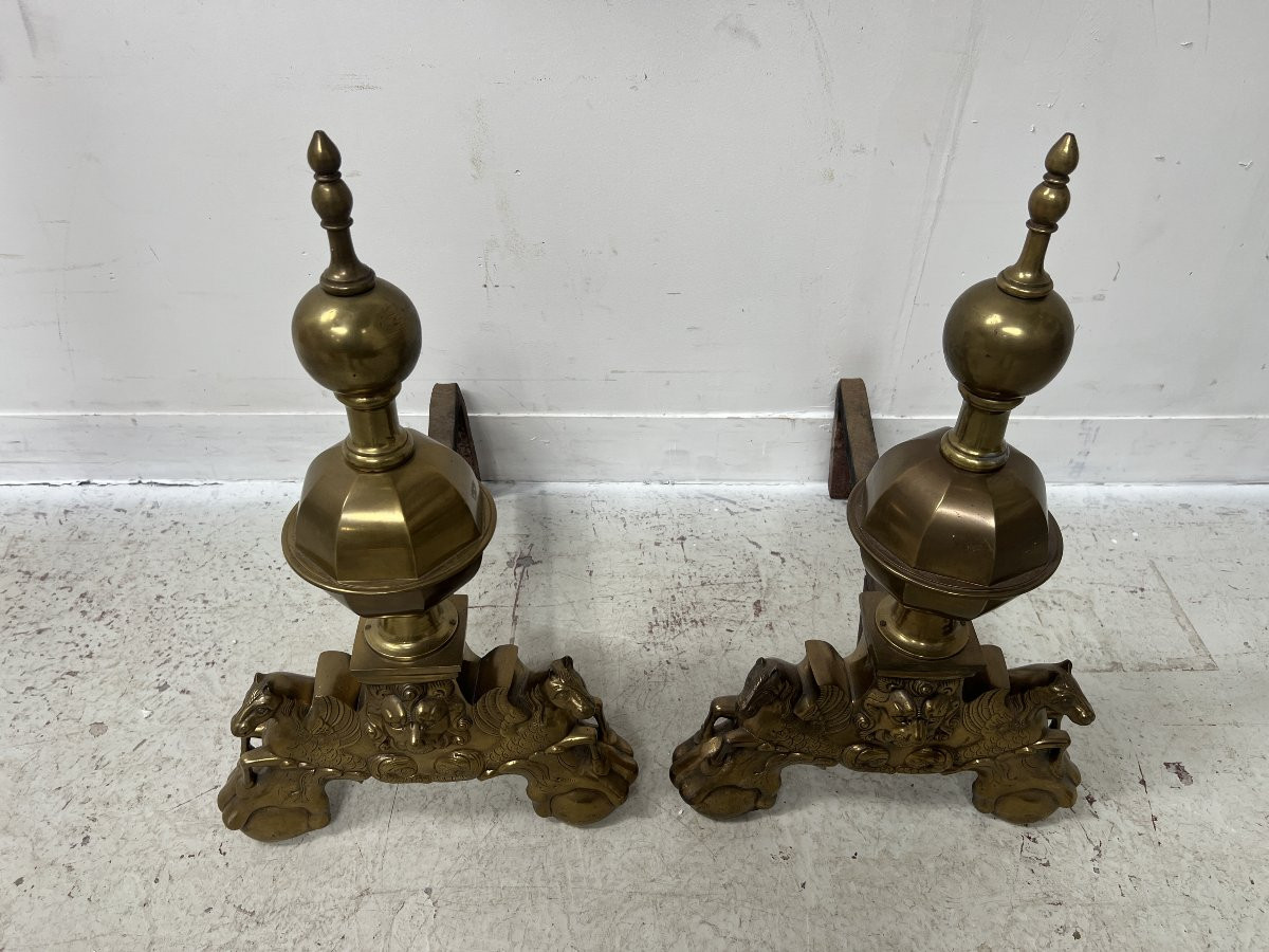 Pair Of Brass Log-holder Andirons, 20th Century-photo-8