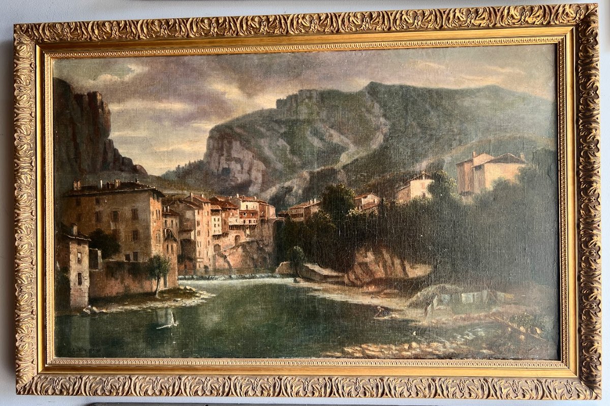 Huile sur toile " Le village en montagne " signature de l'artiste XX siècle-photo-2