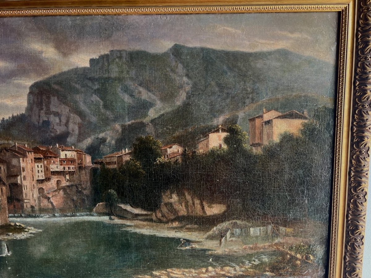 Huile sur toile " Le village en montagne " signature de l'artiste XX siècle-photo-4