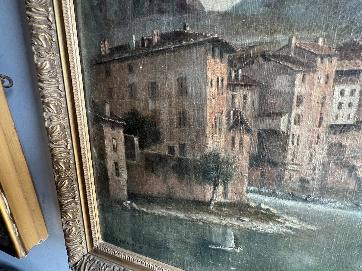 Huile sur toile " Le village en montagne " signature de l'artiste XX siècle-photo-1