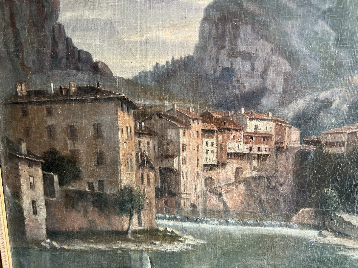 Huile sur toile " Le village en montagne " signature de l'artiste XX siècle-photo-3