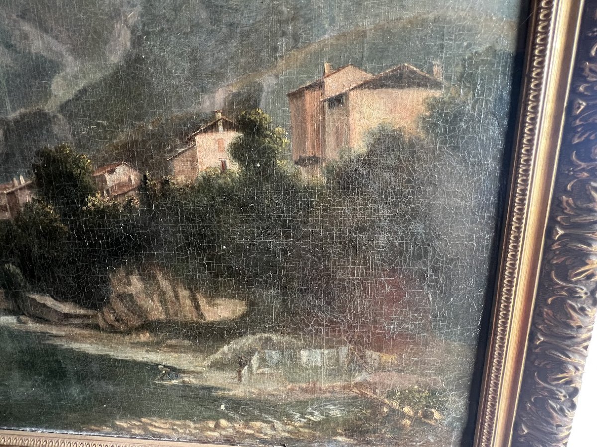Huile sur toile " Le village en montagne " signature de l'artiste XX siècle-photo-6
