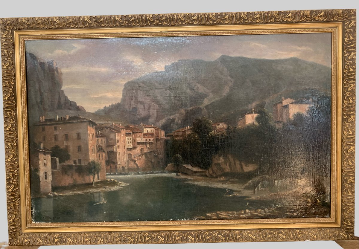 Huile sur toile " Le village en montagne " signature de l'artiste XX siècle