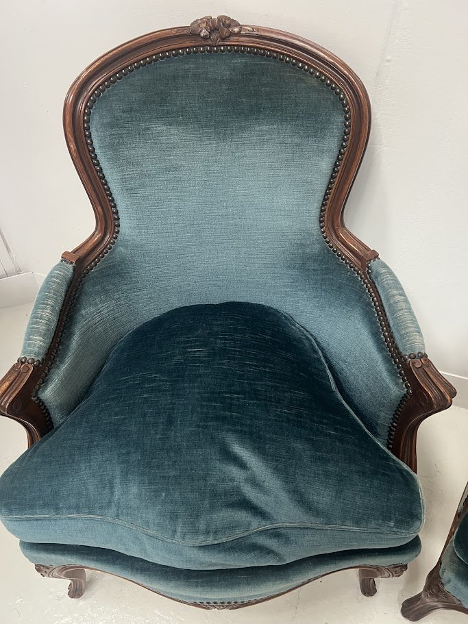 Pair Of Louis XV Style Bergères In Natural Wood XX Century-photo-2