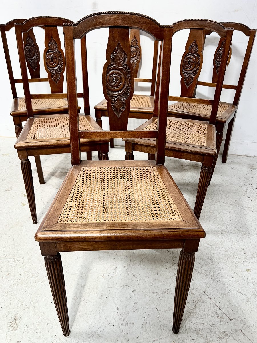 Suite de six chaises Art Déco en noyer massif XX siècle-photo-3