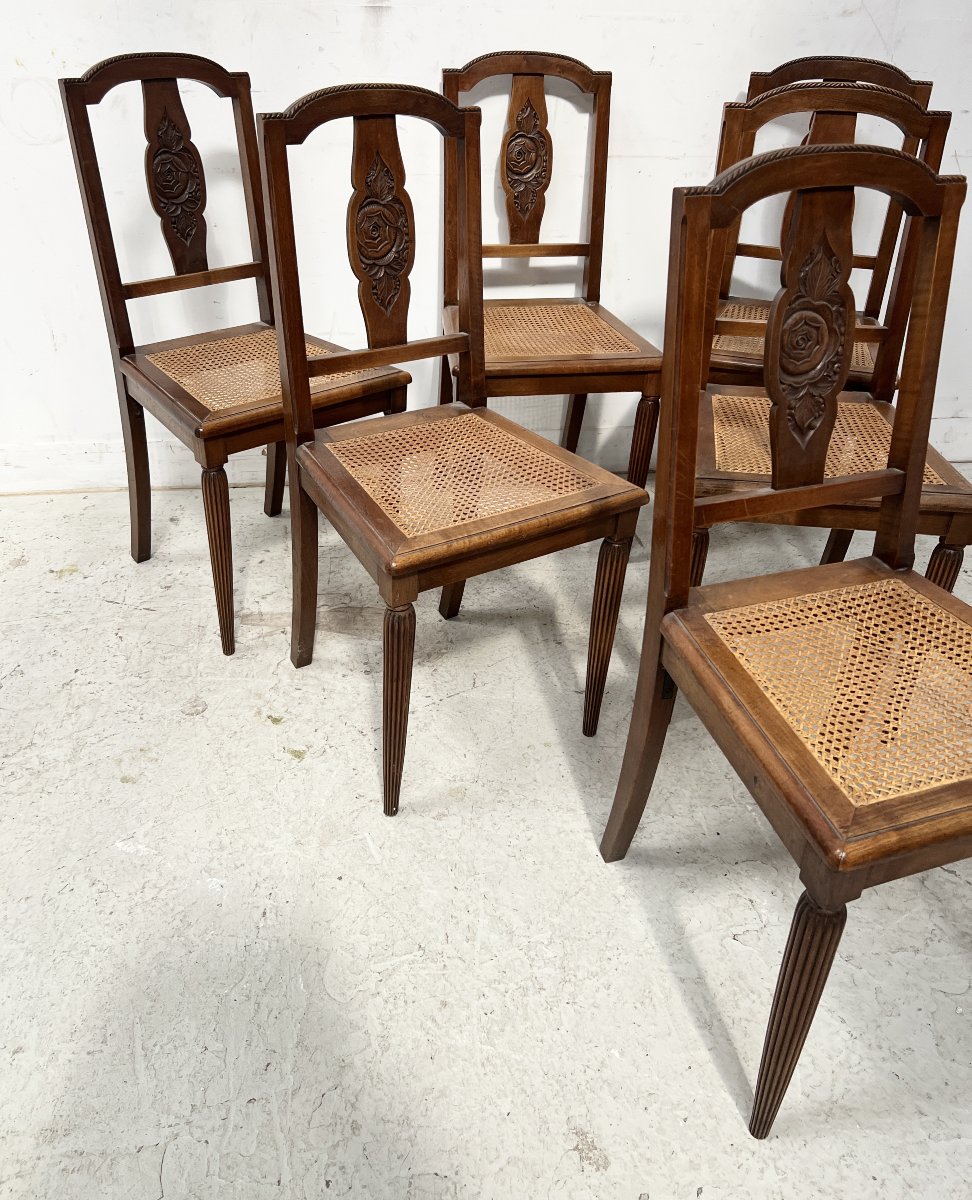 Suite de six chaises Art Déco en noyer massif XX siècle-photo-6