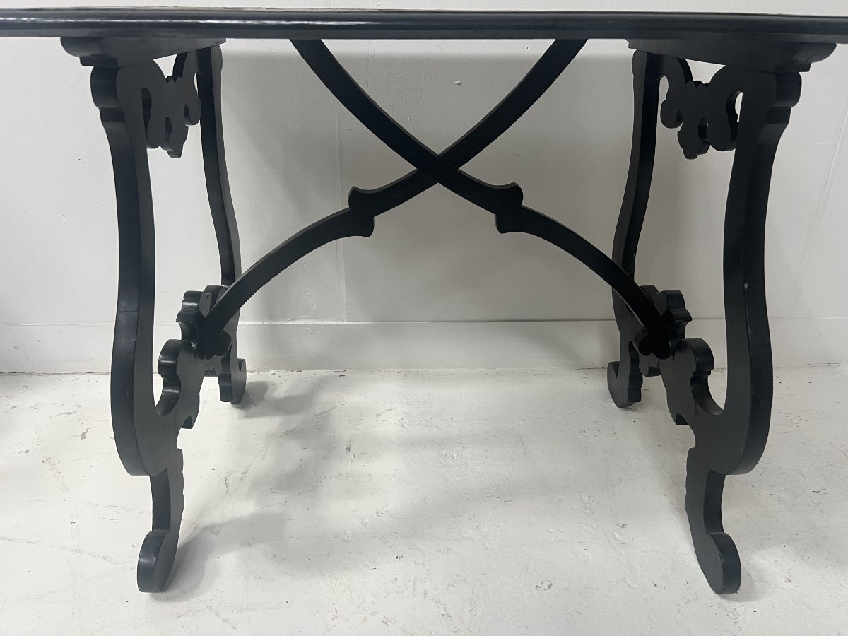 19th-century Spanish Ceremonial Table In Blackened Wood With A Marquetry Top-photo-4