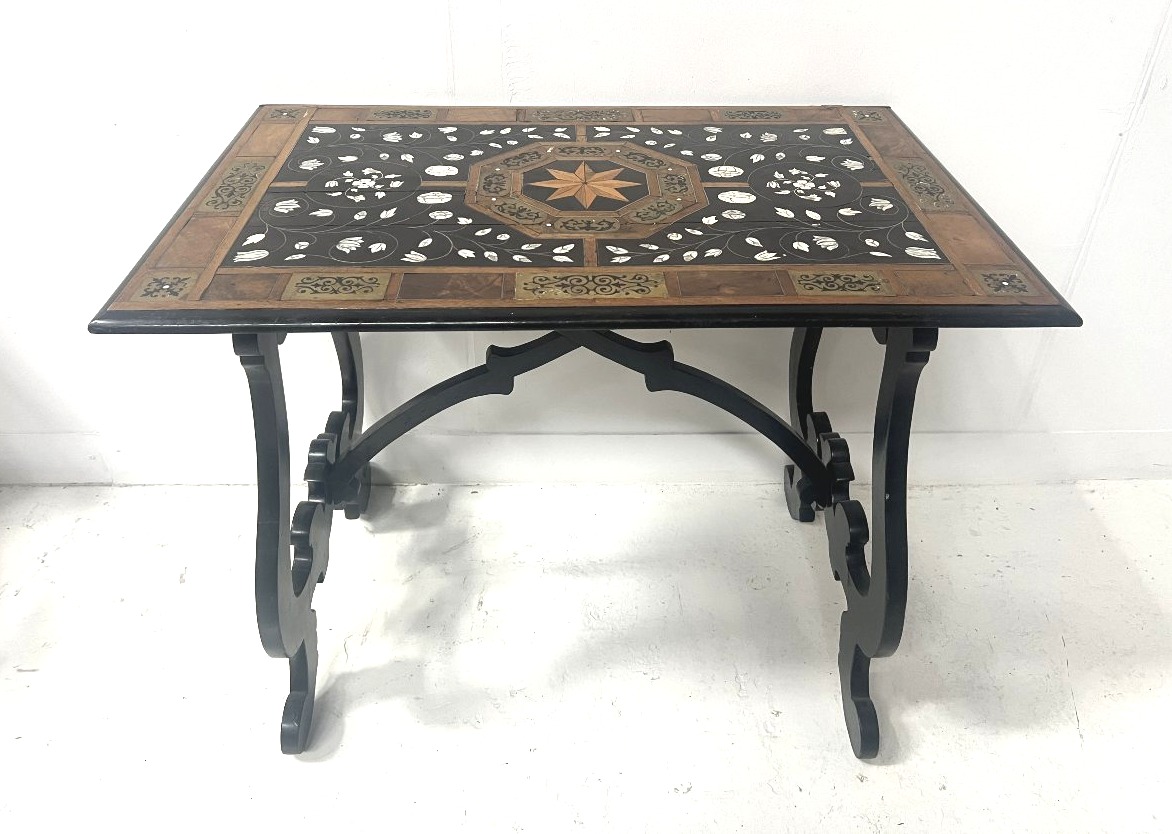 19th-century Spanish Ceremonial Table In Blackened Wood With A Marquetry Top