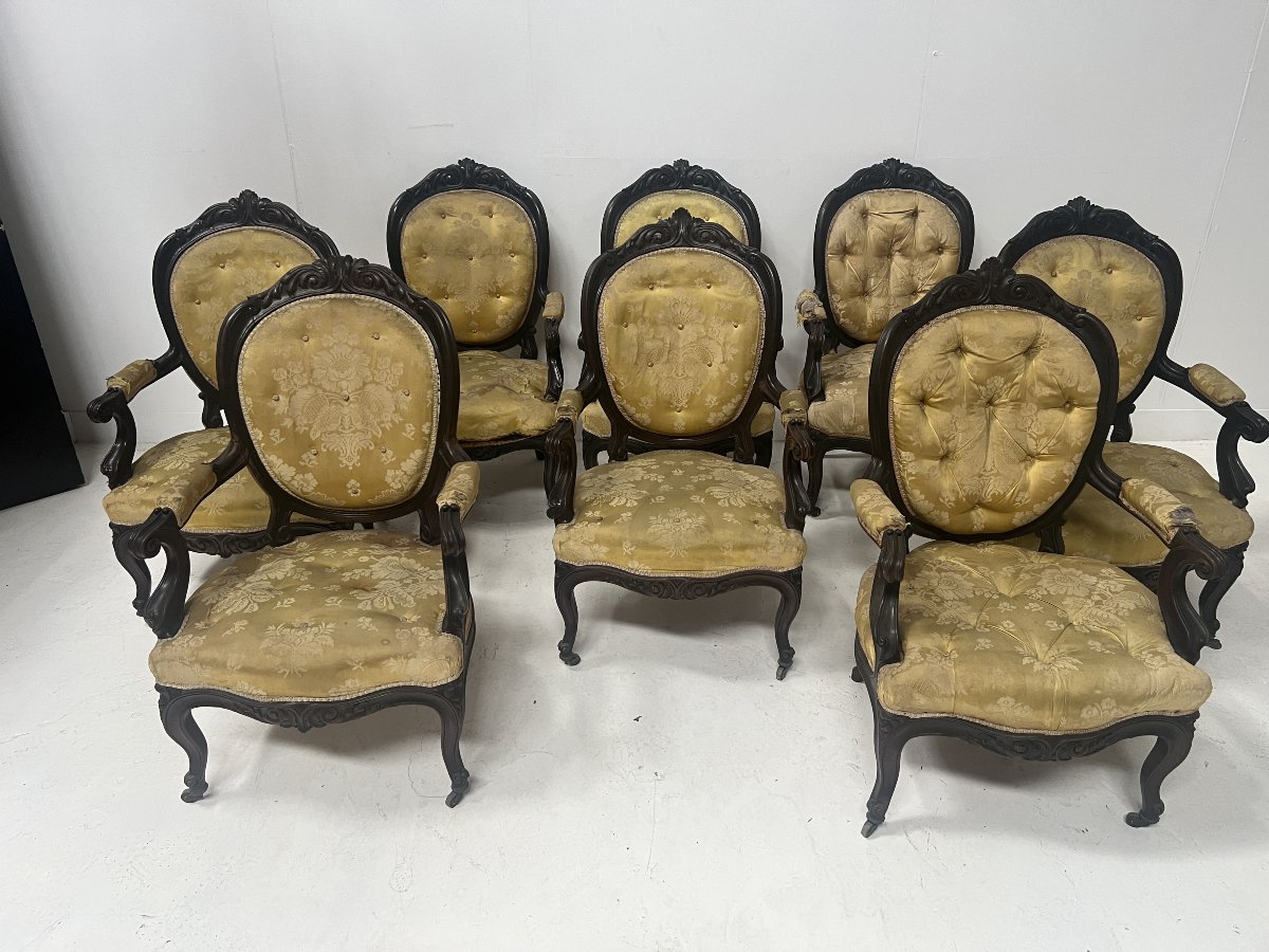 Suite de huit fauteuils Napoléon III style Louis XV en palissandre XX siècle-photo-2
