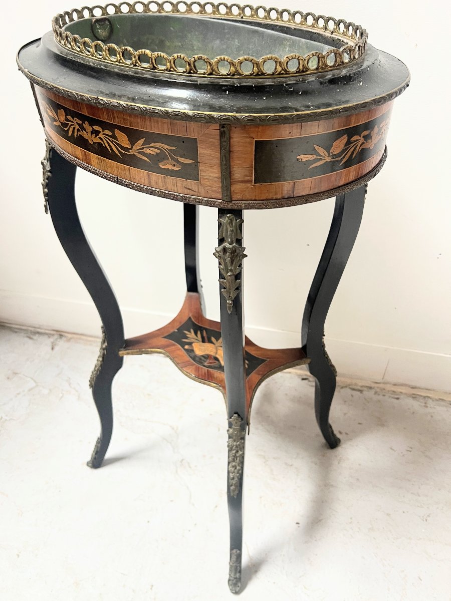 19th-century Napoleon III-style Planter Made Of Darkened Wood With Light Wood Marquetry-photo-8