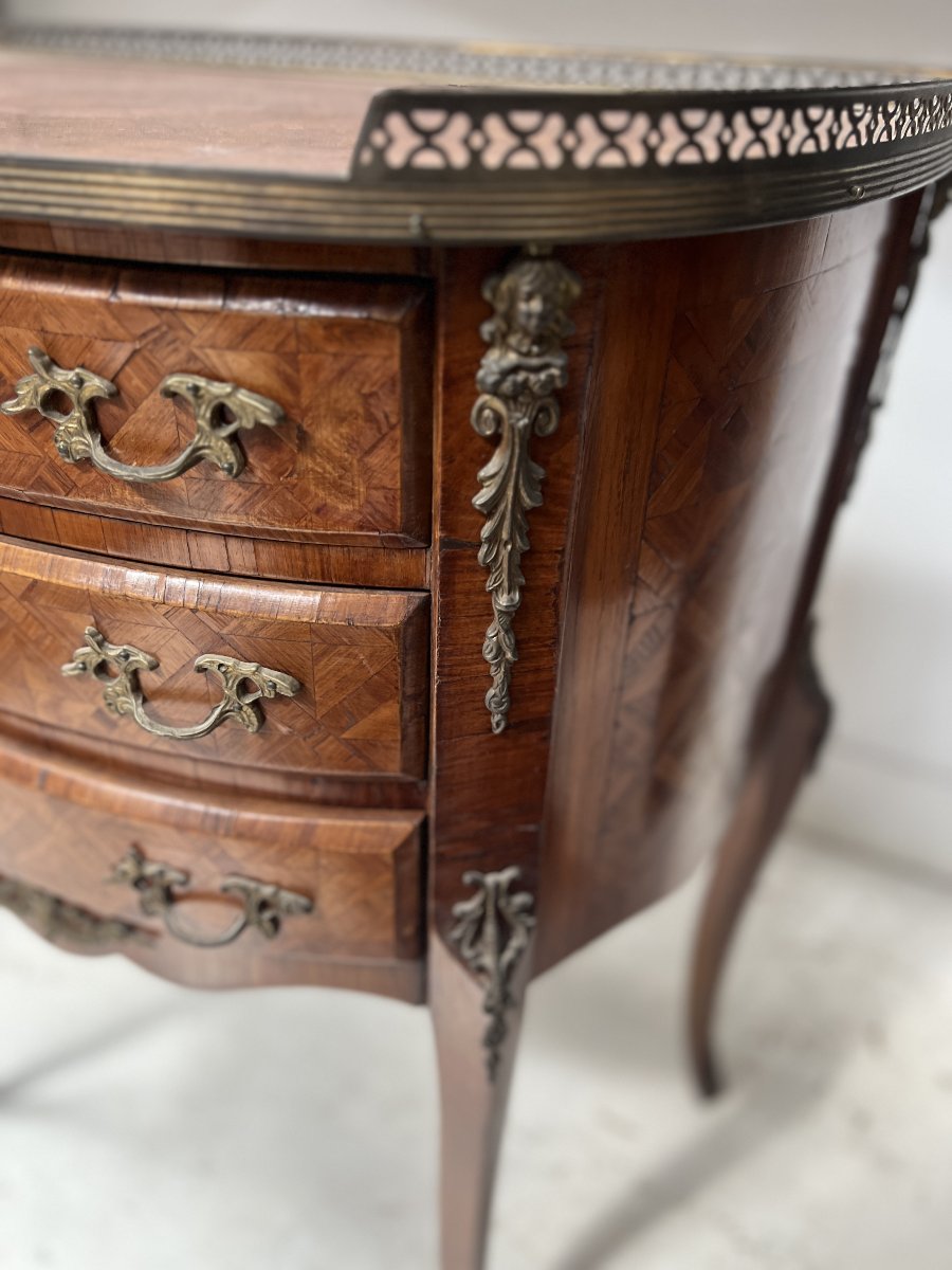 Louis XV-style Half-moon Chest Of Drawers With Cube-pattern Marquetry, 20th Century-photo-3