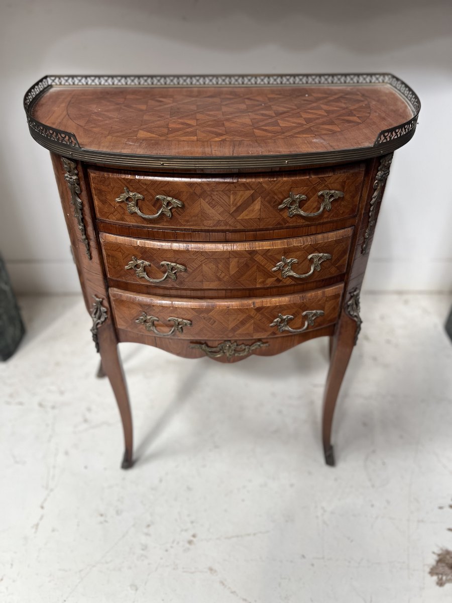 Louis XV-style Half-moon Chest Of Drawers With Cube-pattern Marquetry, 20th Century-photo-6