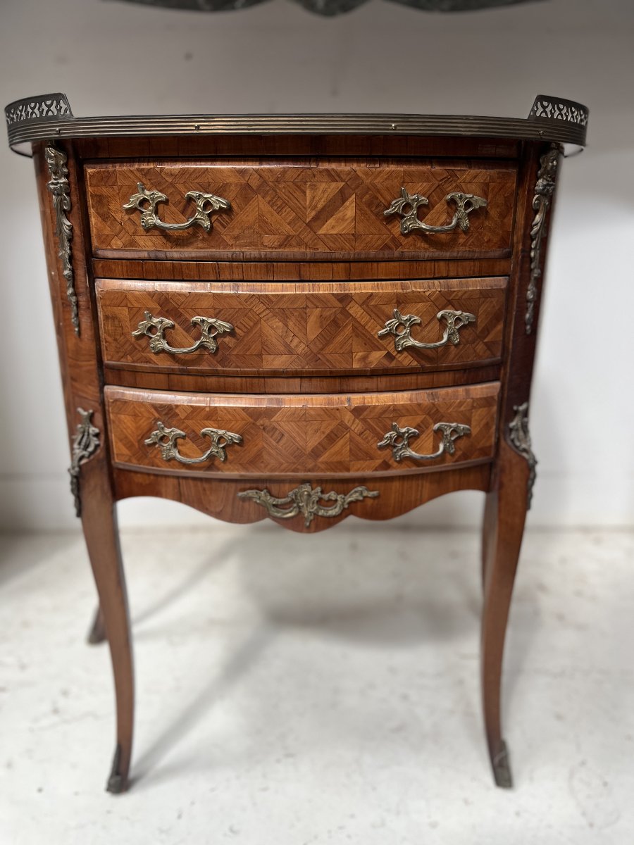 Louis XV-style Half-moon Chest Of Drawers With Cube-pattern Marquetry, 20th Century