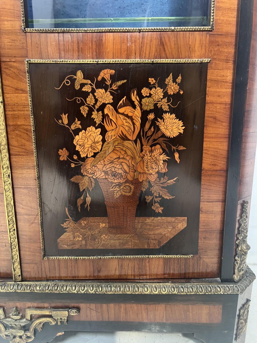 Vitrine Napoléon III en placage de bois de rose et marqueterie XIX siècle-photo-3