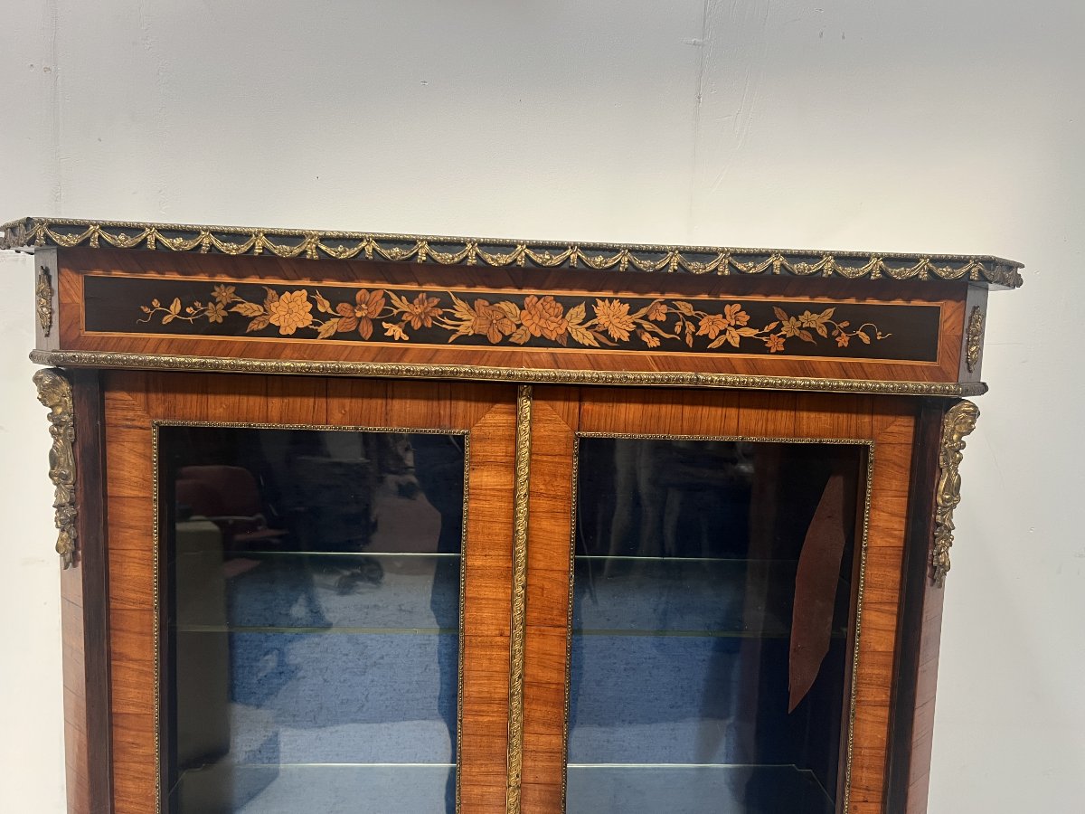 Vitrine Napoléon III en placage de bois de rose et marqueterie XIX siècle-photo-4