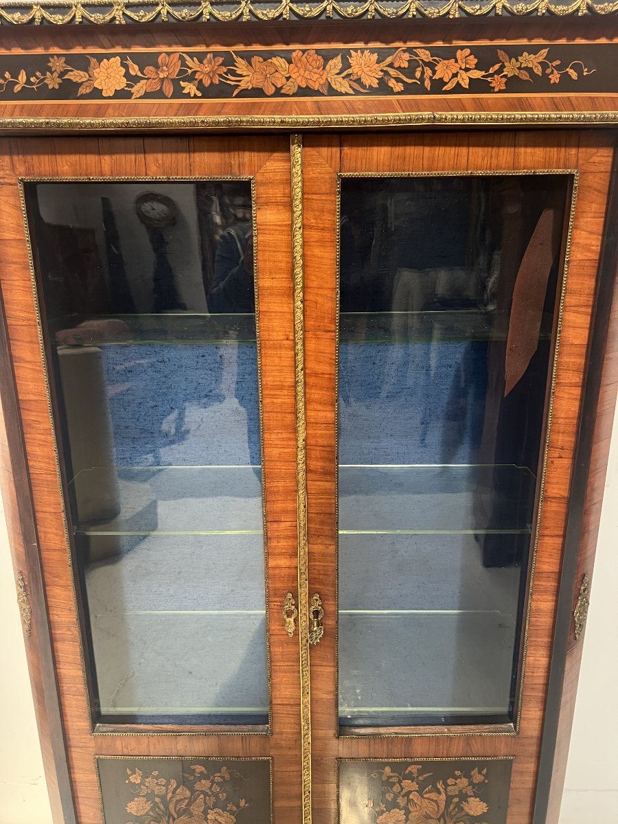 Vitrine Napoléon III en placage de bois de rose et marqueterie XIX siècle-photo-4
