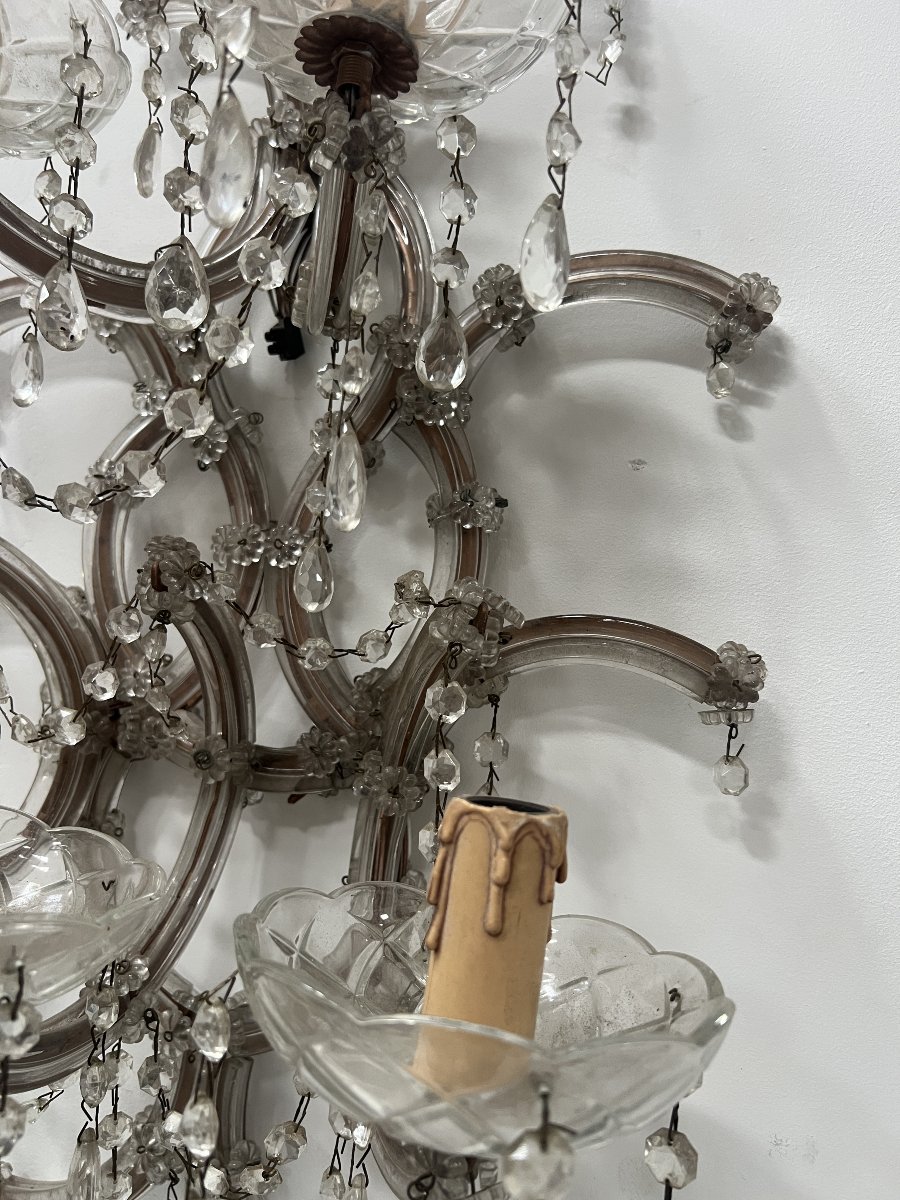 Pair Of "marie Thérèse" Wall Sconces—brass Frames, Glass, And Pendants—20th Century"-photo-2
