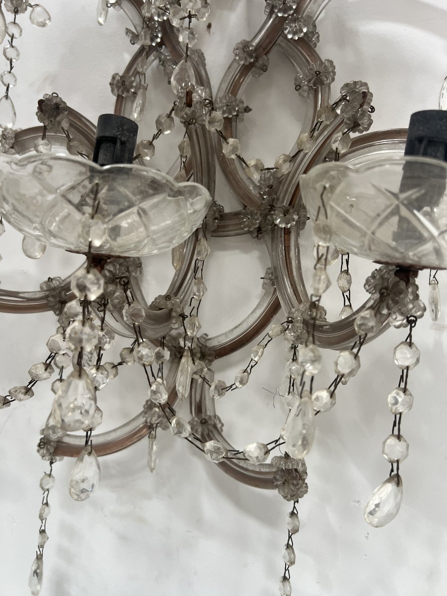 Pair Of "marie Thérèse" Wall Sconces—brass Frames, Glass, And Pendants—20th Century"-photo-4