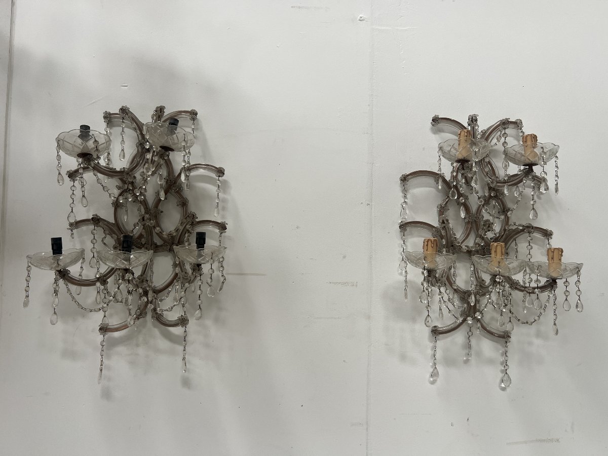 Pair Of "marie Thérèse" Wall Sconces—brass Frames, Glass, And Pendants—20th Century"-photo-2