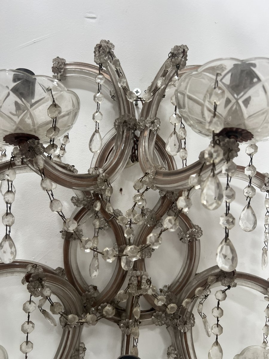 Pair Of "marie Thérèse" Wall Sconces—brass Frames, Glass, And Pendants—20th Century"-photo-3