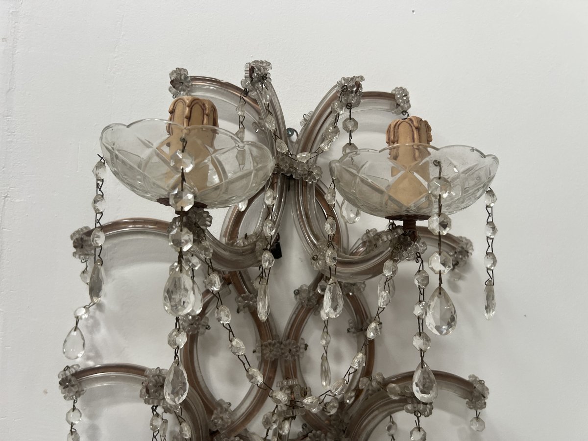 Pair Of "marie Thérèse" Wall Sconces—brass Frames, Glass, And Pendants—20th Century"-photo-4