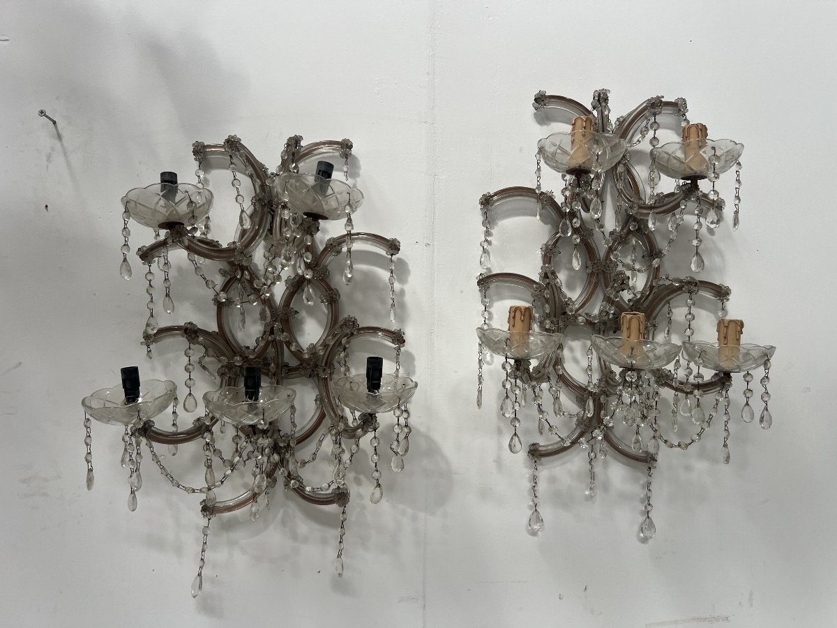 Pair Of "marie Thérèse" Wall Sconces—brass Frames, Glass, And Pendants—20th Century"-photo-5