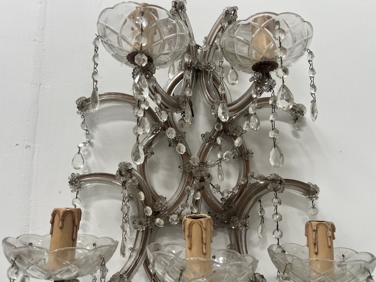 Pair Of "marie Thérèse" Wall Sconces—brass Frames, Glass, And Pendants—20th Century"-photo-6