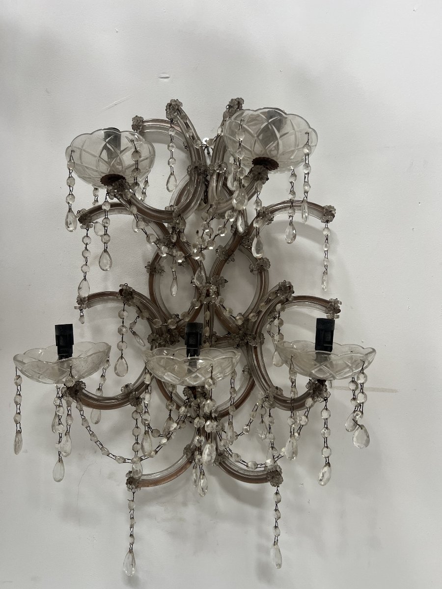 Pair Of "marie Thérèse" Wall Sconces—brass Frames, Glass, And Pendants—20th Century"-photo-7