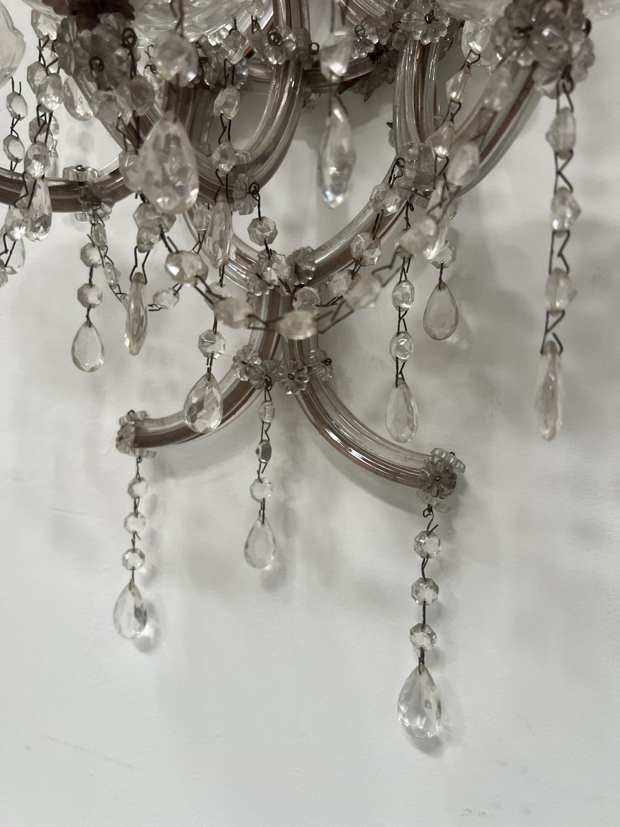 Pair Of "marie Thérèse" Wall Sconces—brass Frames, Glass, And Pendants—20th Century"-photo-8