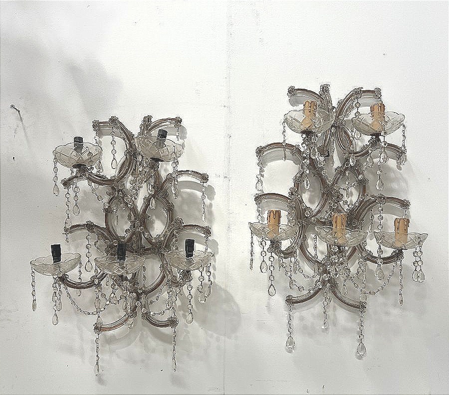 Pair Of "marie Thérèse" Wall Sconces—brass Frames, Glass, And Pendants—20th Century"