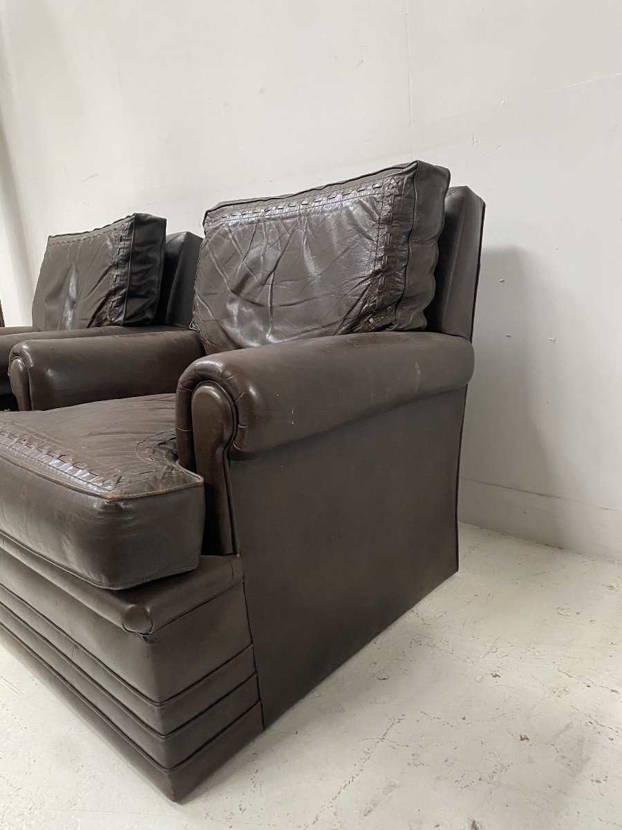 Paire de fauteuils vintage en cuir brun des années 1970-photo-3
