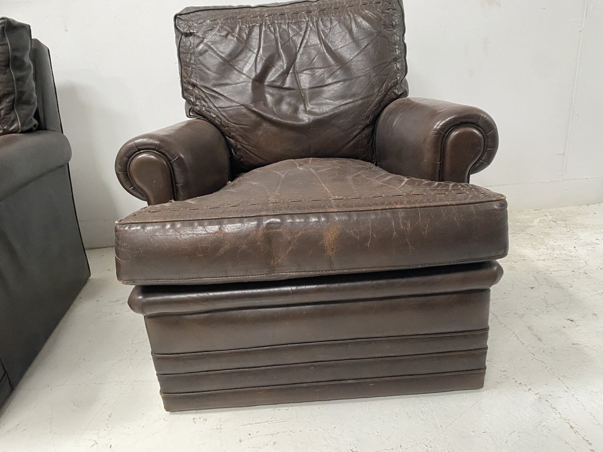 Paire de fauteuils vintage en cuir brun des années 1970-photo-4