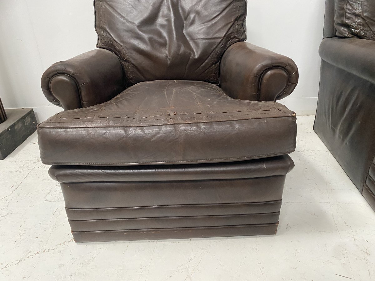 Paire de fauteuils vintage en cuir brun des années 1970-photo-3