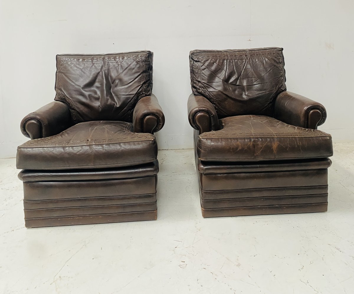 Paire de fauteuils vintage en cuir brun des années 1970
