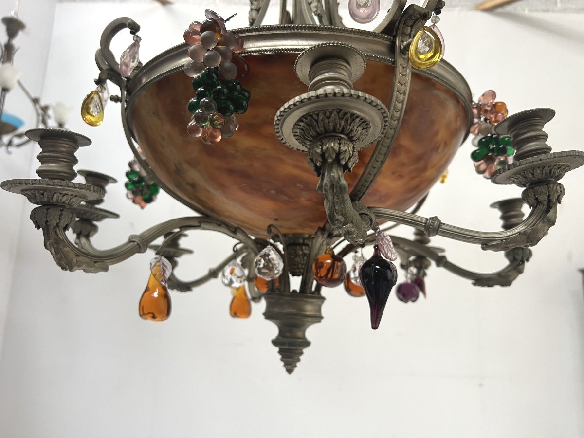 Lustre Napoléon III en bronze et albatre a huit bras de lumière XIX siècle-photo-3