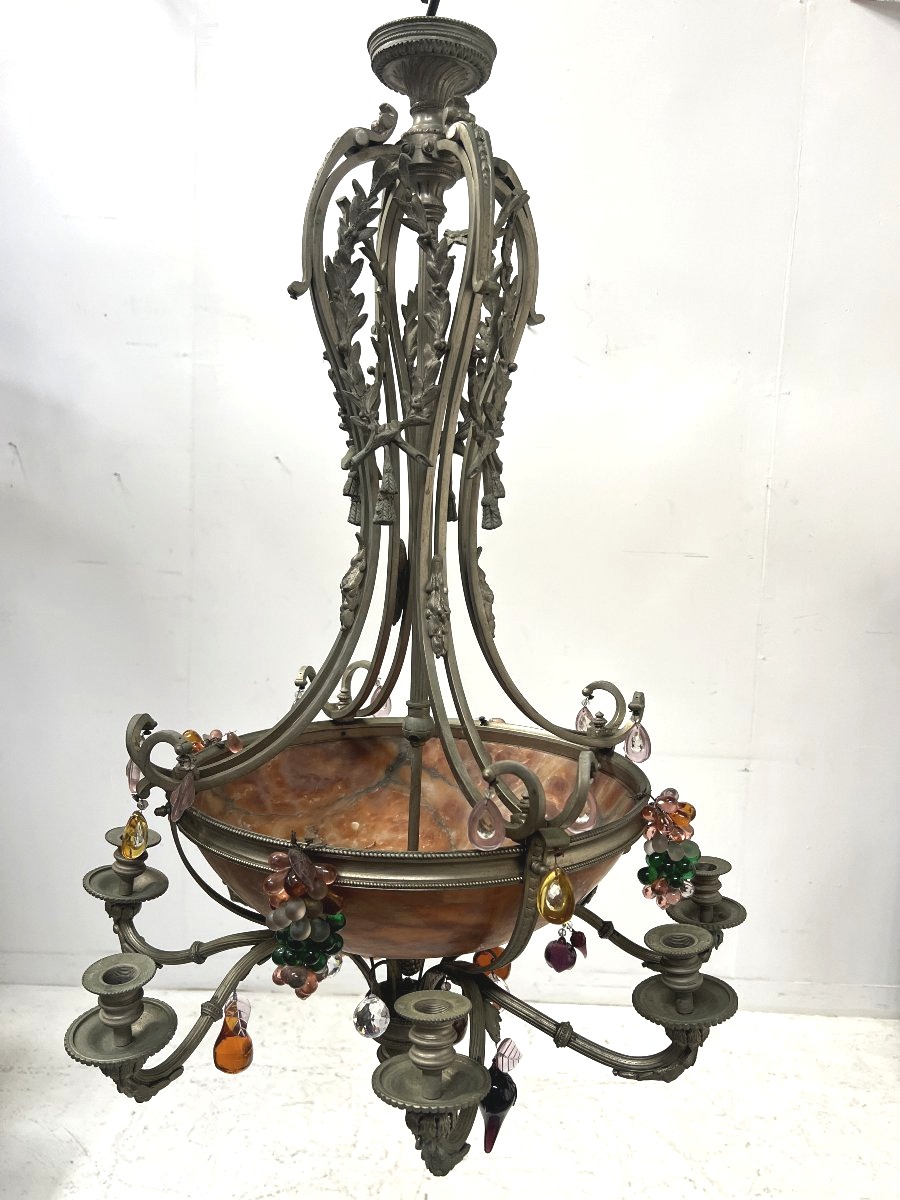 Lustre Napoléon III en bronze et albatre a huit bras de lumière XIX siècle