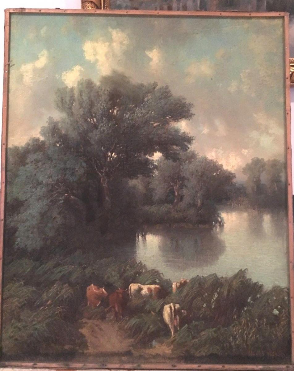 Pastel Ancien " Troupeau De Vaches A L’étang "