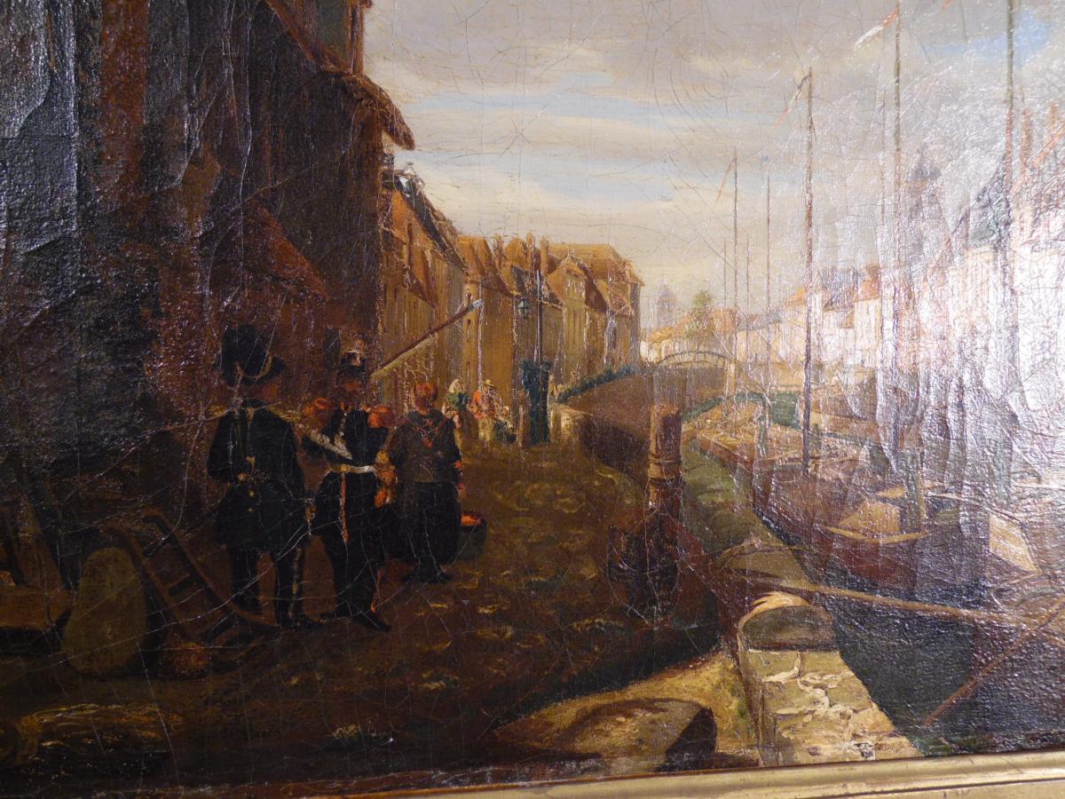 Tableau Peinture À l'Huile Sujet Port Animée Signée - E - Bozière-photo-4