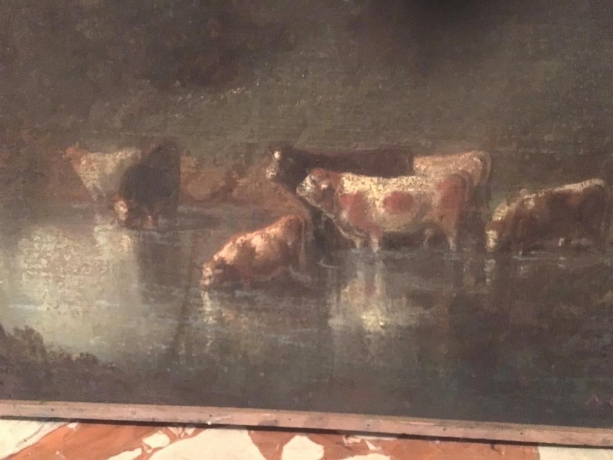 Pastel Old "flock Of Cows At The Pond"-photo-2