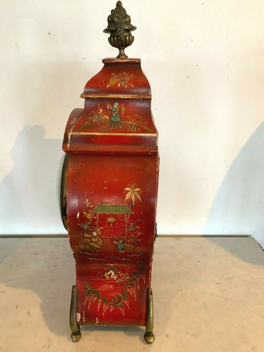 Cartel To Poser Wood Lacquered Red Chinese Decor XX Century Pendulum Clock-photo-2