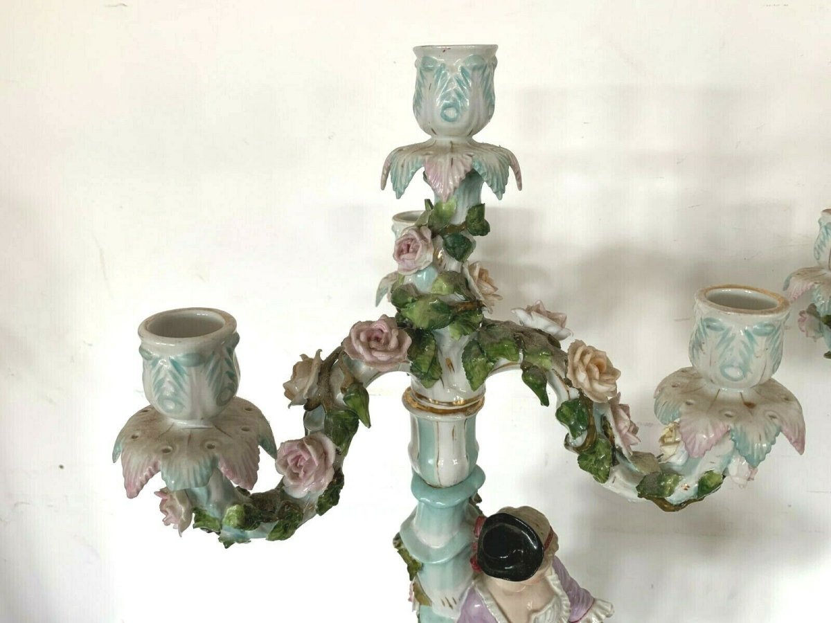 Pair Of Polychrome Porcelain Candlesticks With Four Arms Of Light XIX Century-photo-4
