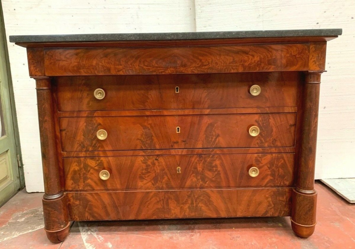 Empire Period Commode With Detached Columns XIX Century Flamed Mahogany Commode