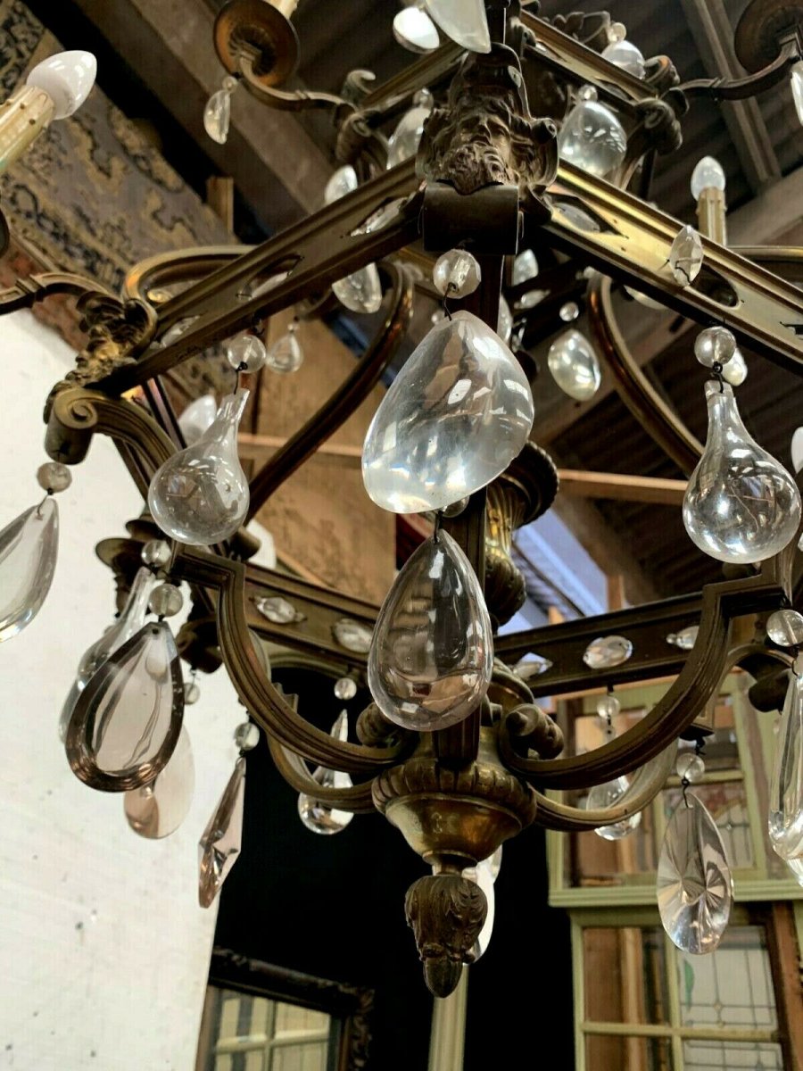Cage Chandelier Se Renaissance Style In Bronze And Colored Glass Pendants XIX-photo-3