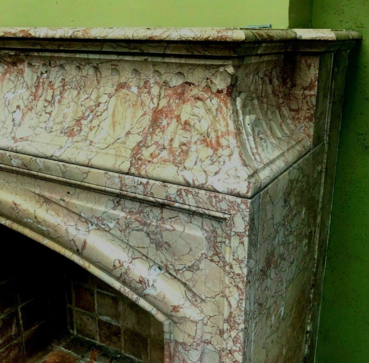 Louis XIV Style Fireplace With Hood In Pink Veined Marble XIX Century-photo-2