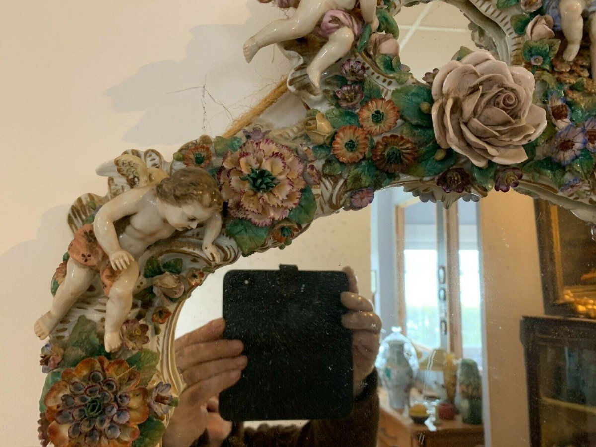 Pair Of Mirrors With Candlesticks In Polychrome Porcelain German Porcelain-photo-4