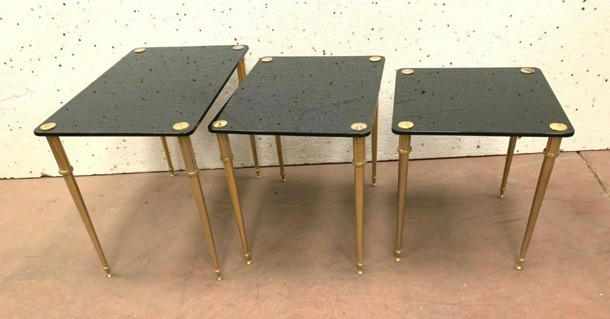 Nesting Table In Brass And Black Glass XX Century-photo-4