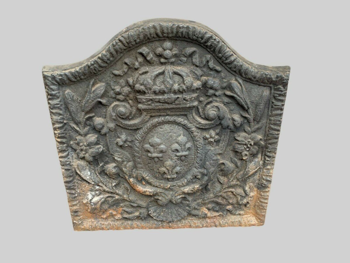 Plaque de cheminée ancienne en fonte Couronne blason fleurs de lys