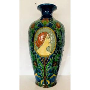 Grand Vase Art Déco En Céramique Polychrome (keramis?) XX Siècle