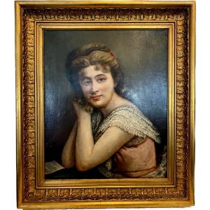 Oil On Canvas Portrait Of Young Woman In Bust "xx Century