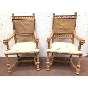 Pair Of Renaissance Style Armchairs In Carved Walnut XX Century